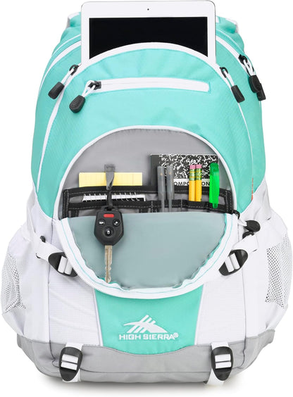 High Sierra Loop Backpack, Travel, or Work Bookbag with tablet sleeve, One Size, Aquamarine/White/Ash
