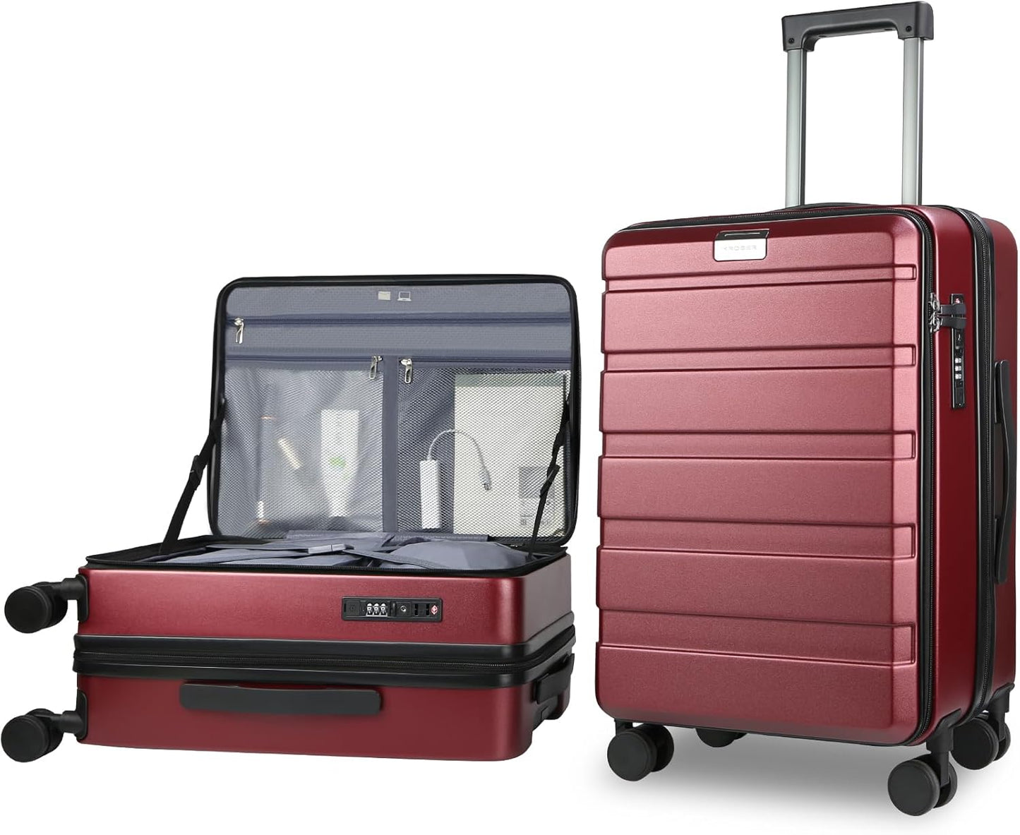KROSER Carry On Luggage with Spinner Wheels & Built-in TSA Lock, Expandable Top Loading Hard Shell Suitcase Large Capacity Durable Rolling Luggage with USB Port, Carry-On 20-Inch, Burgundy