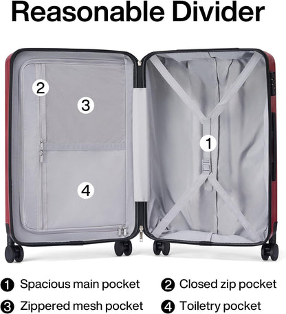 Hanke 24 Inch Luggage Suitcases With Spinner Wheels Lightweight PC Hard Shell Rolling Suitcase With Travel Lock,Checked-Medium 24-Inch （Burgundy）