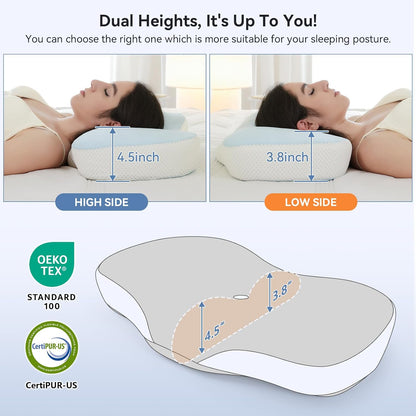 Cervical Neck Pillow - Ergonomic Memory Foam Pillow for Side, Back & Stomach Sleepers, Orthopedic Contour Pillow with Dual Height & Breathable Pillowcase(Grey)