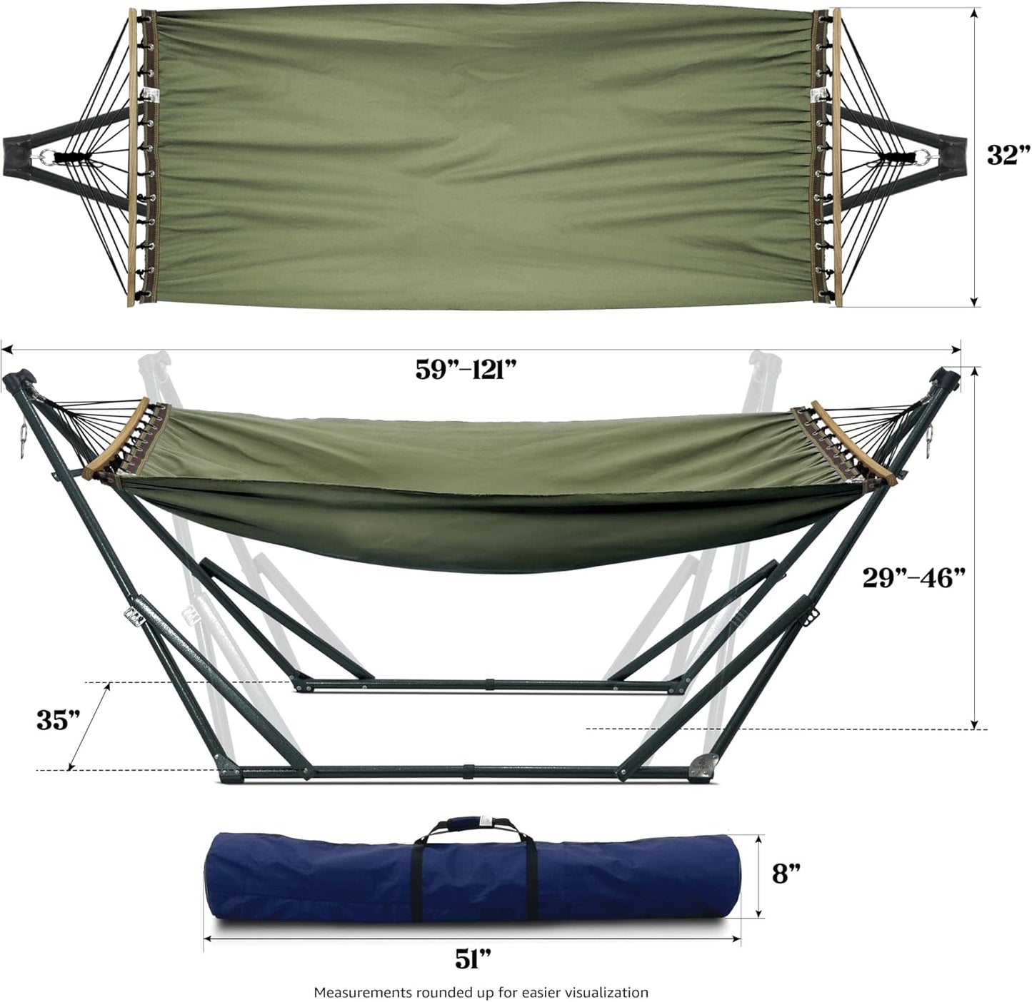 Tranquillo Sturdy Steel Hammock Stand with Premium Cotton Canvas, 600 lbs Capacity Hammock Folding, Portable Hammock Stand 30-Second Fold Unfold Spacious Hammock Design, Sage