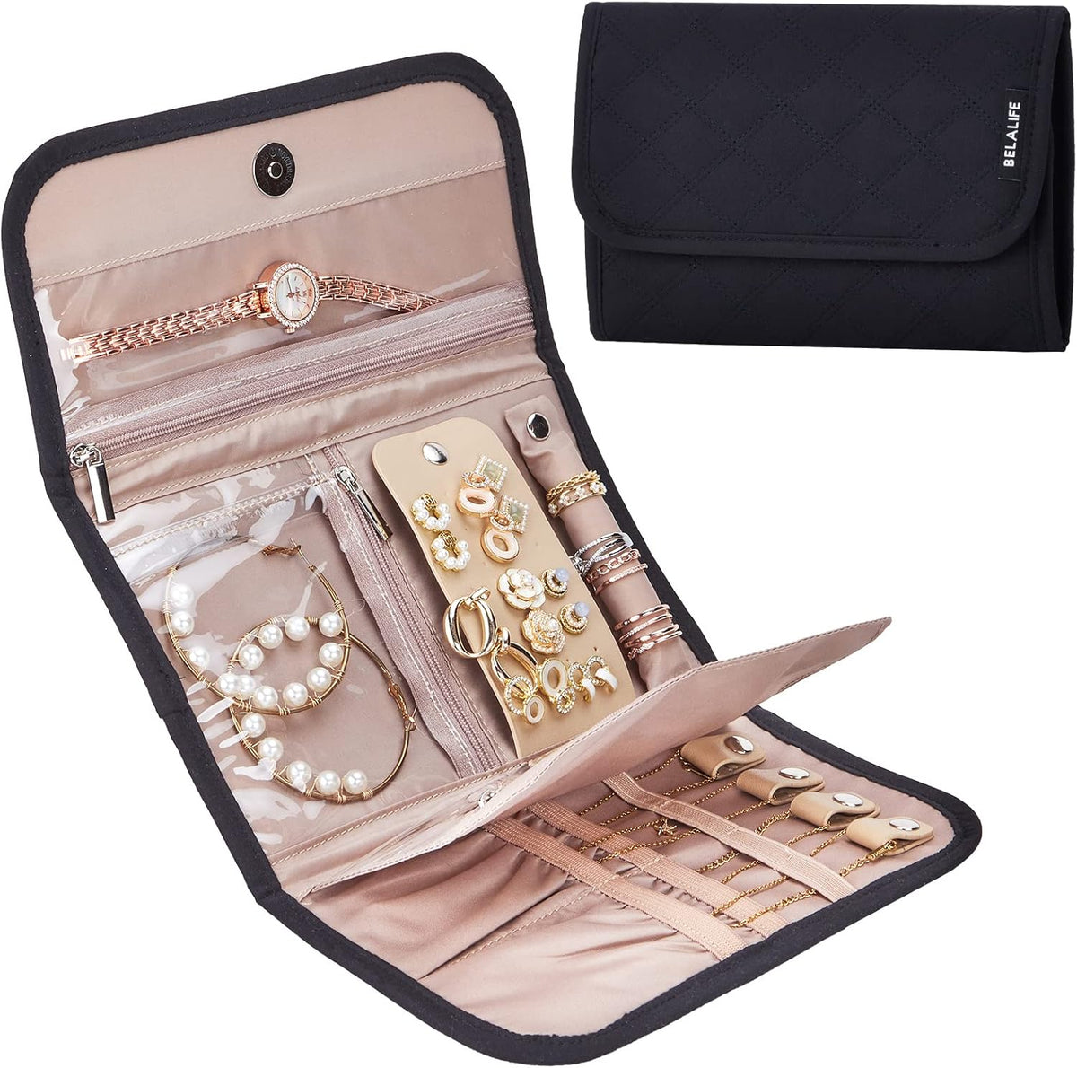 BELALIFE Travel Jewelry Case Organizer, Medium Foldable Storage Roll for Earrings, Necklaces, Rings, Bracelets, Brooches, Black