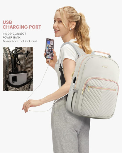 LOVEVOOK Laptop Backpack Purse for Women, Work Travel Computer Bags, College School Backpack for Student Girl, Quilted Casual Daypack with USB Port, Fit 15.6 Inch Laptop, Grey Pink