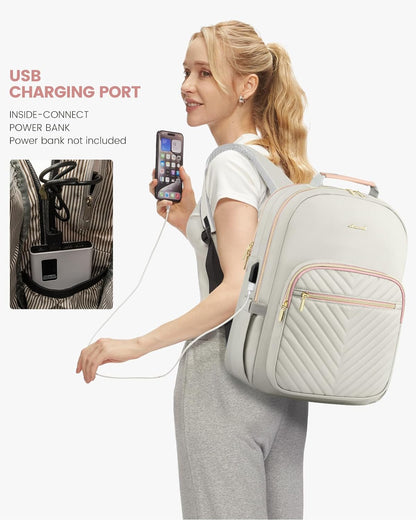 LOVEVOOK Laptop Backpack for Women, Travel Computer Work Bags with 17-inch Laptop Compartment, College School Student Bag Teen Backpacks For Girls, Outdoor Carry On Backpack Purse, Grey Pink