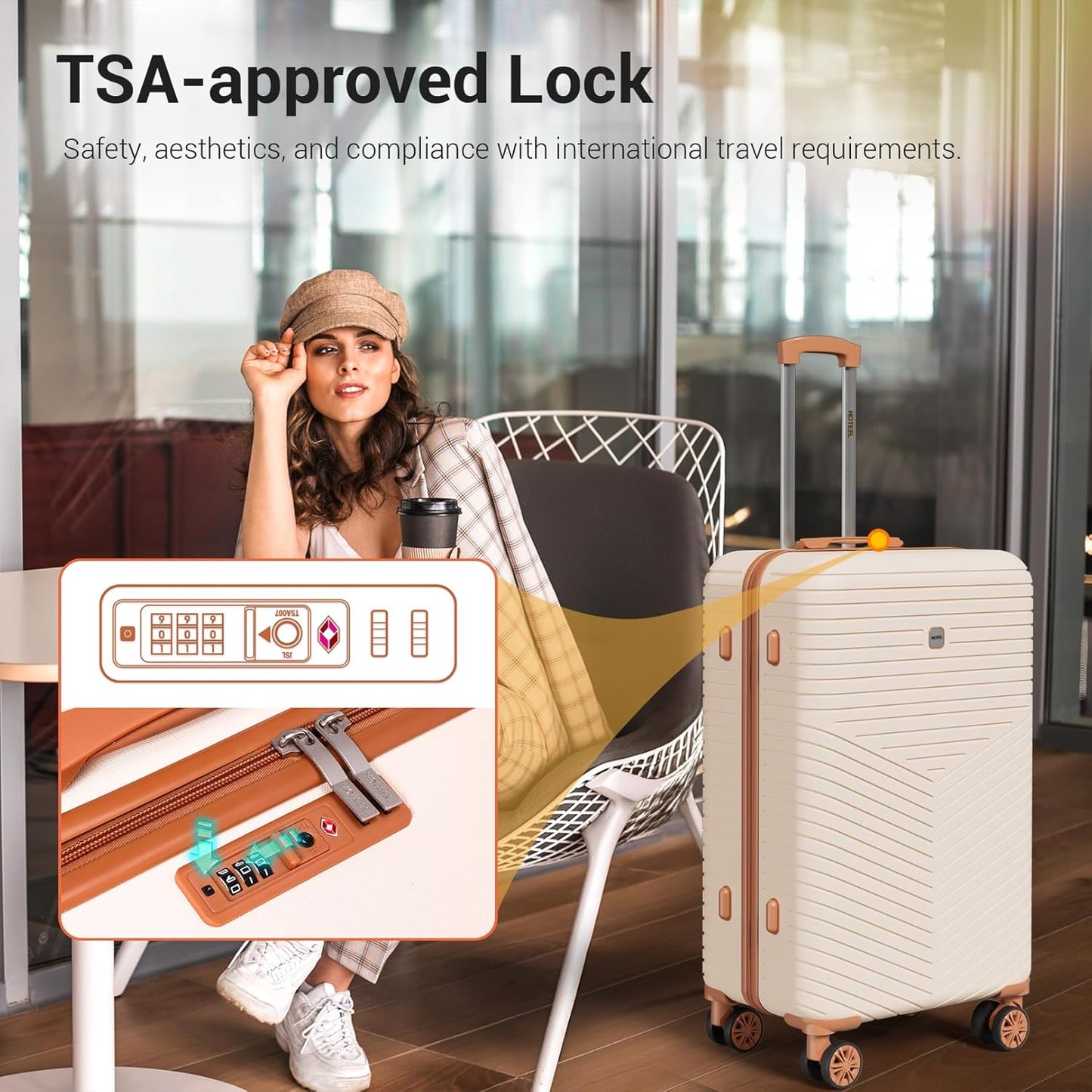 Hoteel 6 Piece Luggage Set (4-YEAR WARRANTY) with Spinner Wheels & TSA Lock, Carry on Luggage Hardshell ABS+PC, Travel Collection Suitcases Sets, Beige(13/20/24/28",Travel Bag,Cosmetic Bag)