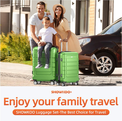 SHOWKOO Luggage Sets Expandable PC+ABS Durable Suitcase Sets Double Wheels TSA Lock Green 3pcs