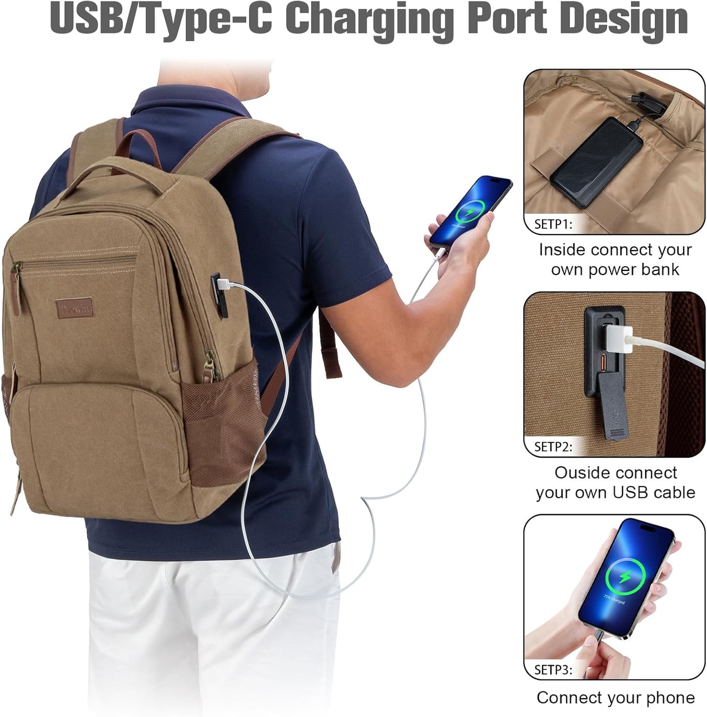 Tzowla Canvas Laptop College Backpack for Men and Women,Travel Work Vintage Rucksack with USB/Type-C Charging Port,Lightweight Hiking Casual Daypack Backpacks fit 15.6 inch Notebook,Brown