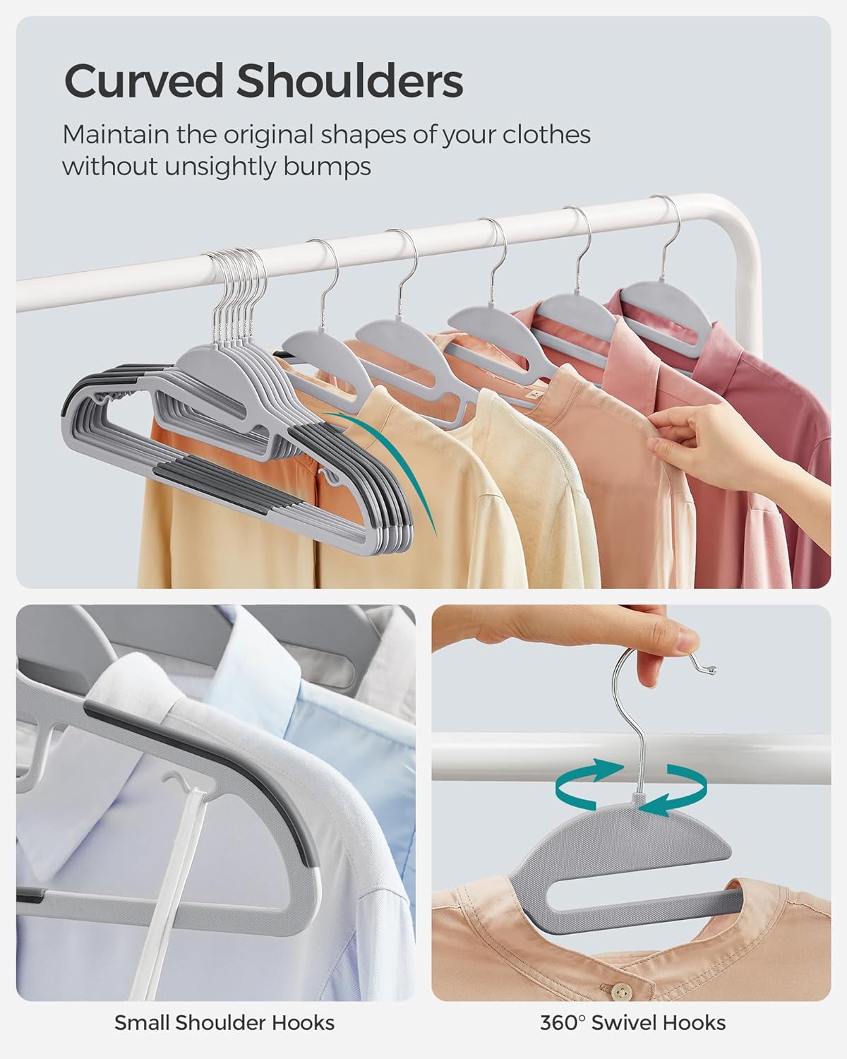 SONGMICS 30 Pack Coat Hangers, Heavy-Duty Plastic Suit Hangers, S-Shaped Opening, Space-Saving, 360º Swivel Hook, 16.3 Inches Wide, Light Gray and Dark Gray UCRP041G05