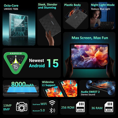 Android Tablet, 11" Android 15 Tablet, 2K FHD Display Tablets, 36GB RAM (12+24) & 256GB ROM,1TB Expandtion, Octa-Core, 8000mAh, WiFi 6, BT 5.0, HD IPS Large tableta, Keyboard & Mouse Included