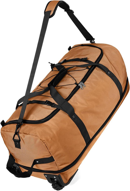 Vomgomfom 32" Soft-Sided Foldable Wheeled Travel Duffel Bag,Expandable 110L to 140L Rolling Cargo Bag with 2 Wheels and Multiple Pockets,Brown