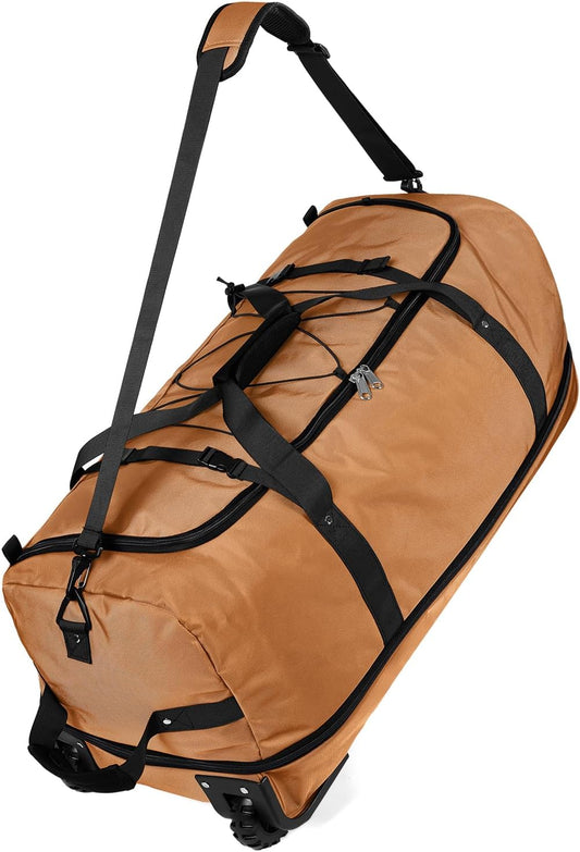 Vomgomfom 32" Soft-Sided Foldable Wheeled Travel Duffel Bag,Expandable 110L to 140L Rolling Cargo Bag with 2 Wheels and Multiple Pockets,Brown