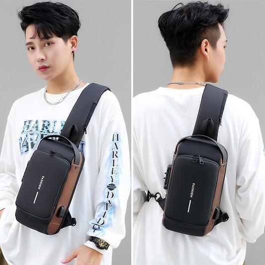 Sling Bag for Men Anti-theft USB Crossbody Shoulder Backpack Purse Waterproof PU Leather Chest Bag Travel Daily Use