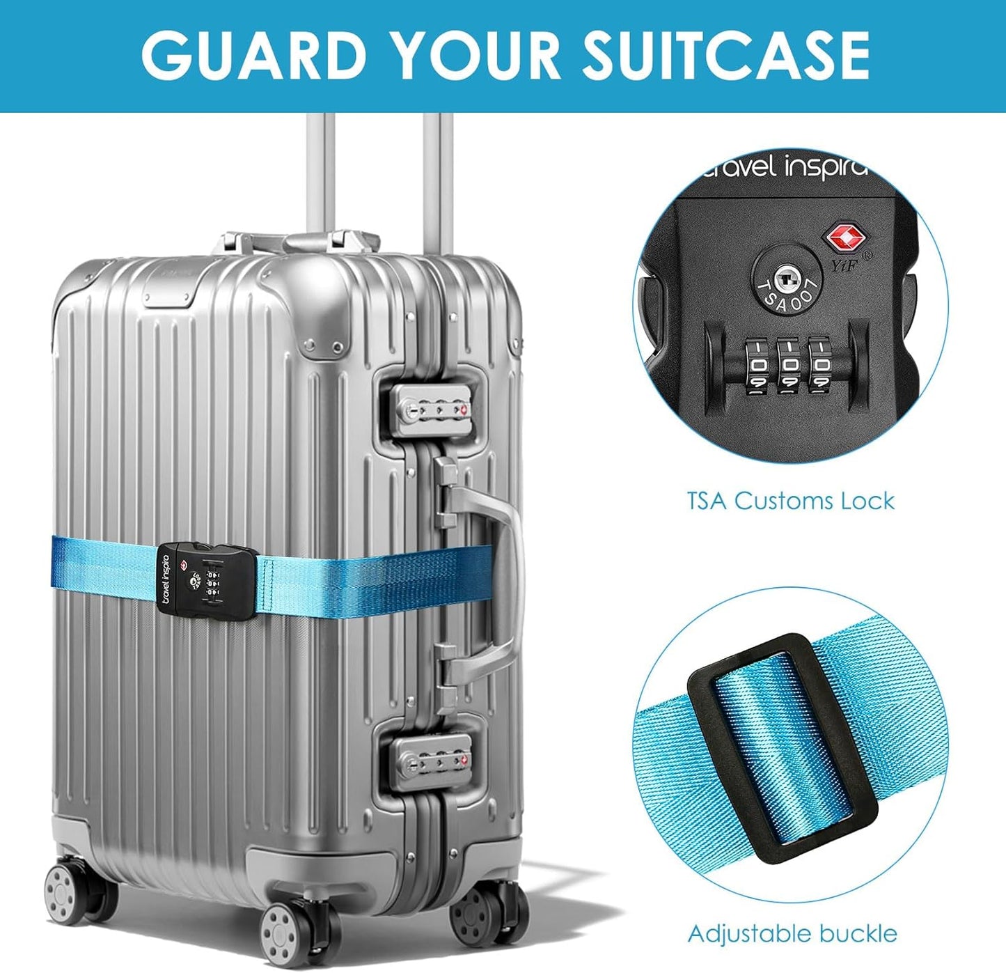 Travel Inspira Luggage Straps TSA Approved with TSA Lock Adjustable Luggage Straps Combination Lock for Suitcase Nylon Suitcase Travel Belt‎ TSA Approved Buckle Included Tags identifiers (Blue)