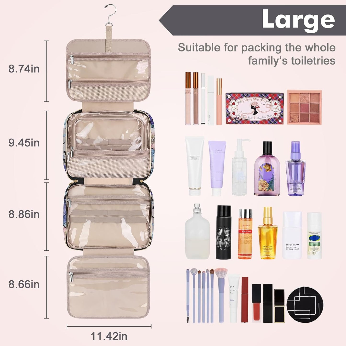 Wedama Toiletry Bag for Women, Large Cosmetic Travel Bag, Hanging Toiletry Bag for Bathroom, PVC Waterproof Makeup Bag, Toiletries Bag for Travel Business Trips and Camping, Black+Brown Floral