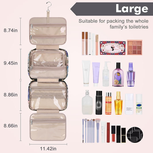 Wedama Toiletry Bag for Women, Large Cosmetic Travel Bag, Hanging Toiletry Bag for Bathroom, PVC Waterproof Makeup Bag, Toiletries Bag for Travel Business Trips and Camping, Black+Brown Floral