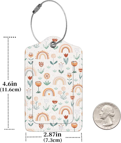 2 Pcs Luggage Tags for Suitcase, Cute Unique PU Leather Travel Bag Tag with Privacy Cover ID Label Address Card and Durable Metal Ring Suitable for Men Women Children Backpack,Rainbow and Flowers