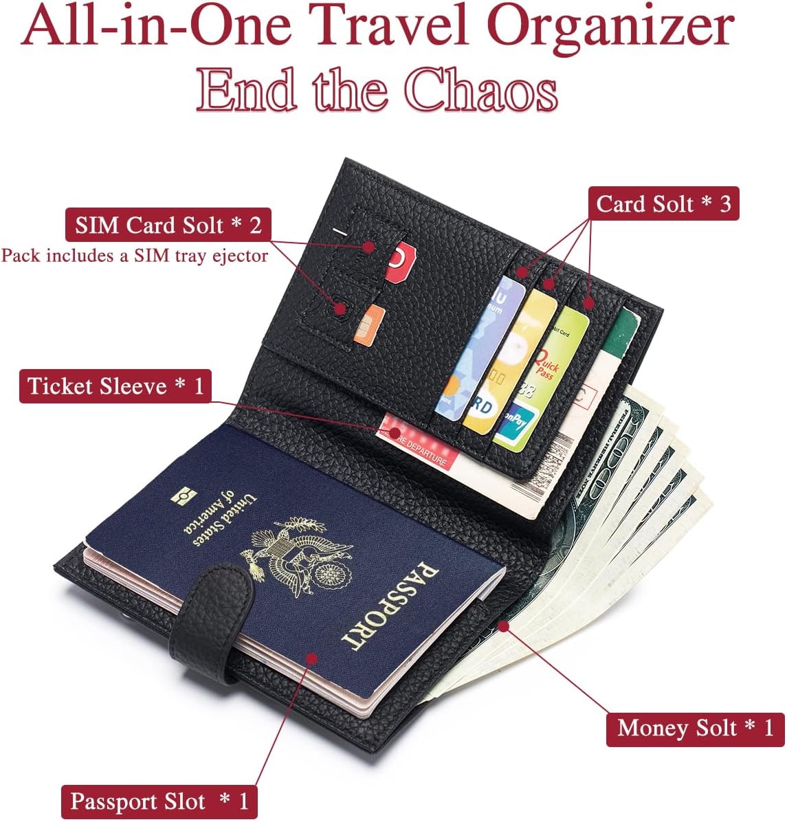 RFID Slim Passport Holder for Travel – Leather Passport Wallet for Women & Men with Card Slots, Zippered Coin Pocket, SIM Card Slot – Travel Passport Cover Case (Black)