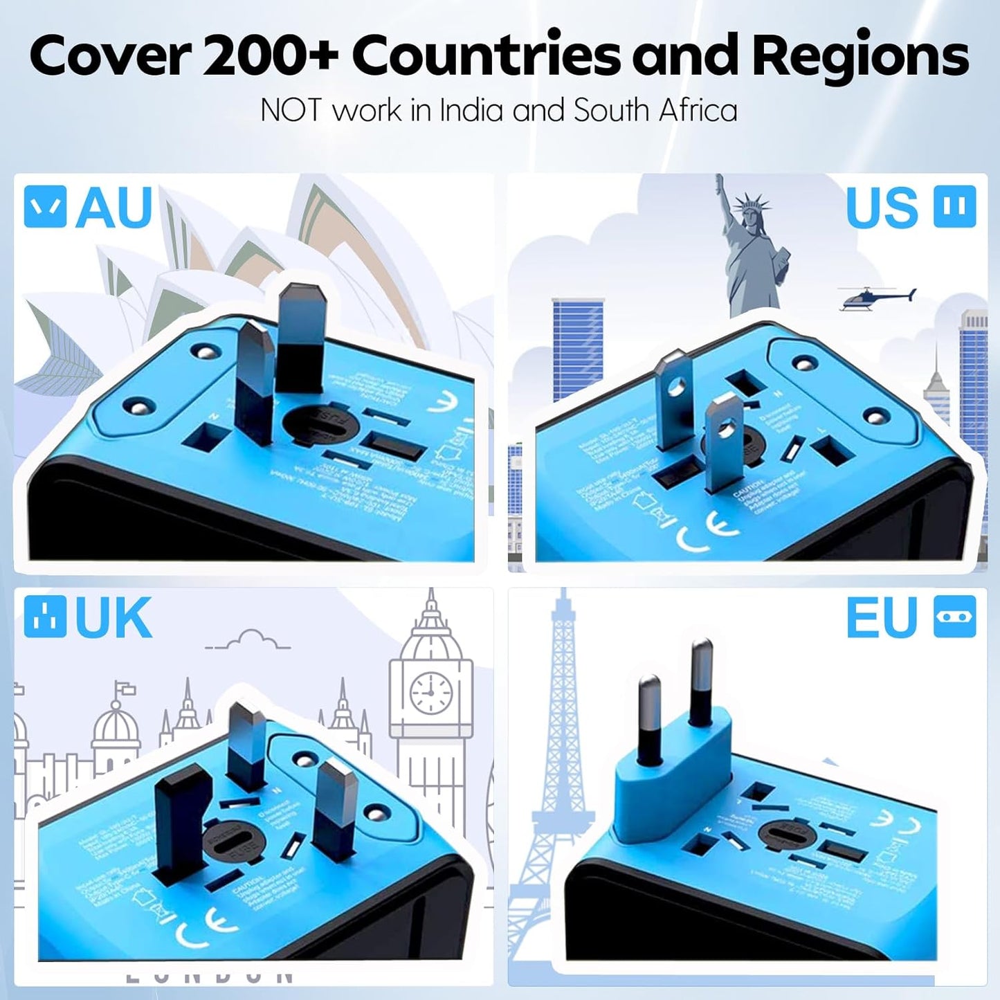 JMFONE Universal Travel Plug Adapter, International Power Adapter with 2 USB-C & 2 USB-A Ports and Multi AC Sockets, 5-in-1 Worldwide Travel Outlet Charger Adapter for EU US UK AU 200+ Multi Countries