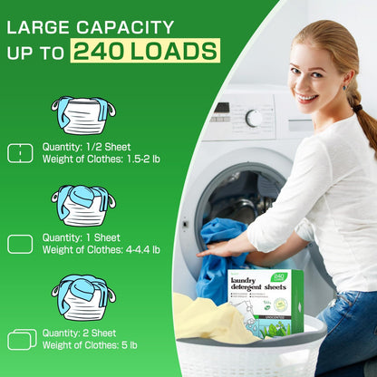 Soulink Laundry Detergent Sheets Unscented 240 Loads，Eco Friendly Detergent Sheets for Travel & Home - No Plastic Jug Liquidless Soap Strips, Plant-based, Hypoallergenic. Safe for Sensitive Skin