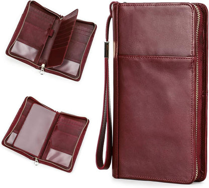 CONTACTS Travel Passport Wallet for 4 Women Leather Passport Holder RFID Blocking Card Organizer Large Capacity Wristlet Clutch Purse Red with 13 Card Slot