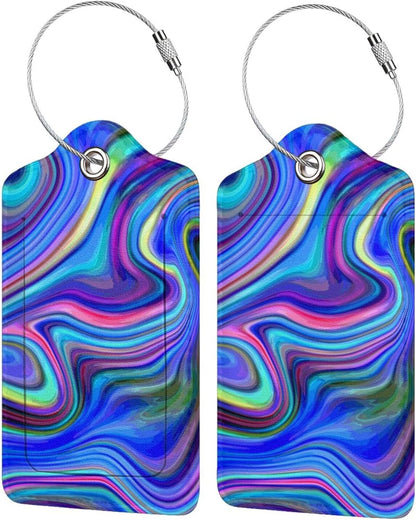 2-Packs Blue Purple Abstract Art Luggage Tags for Suitcases, Colorful Travel Label Tag with Privacy Cover Address Name ID & Stainless Steel Loop for for Adults Teens
