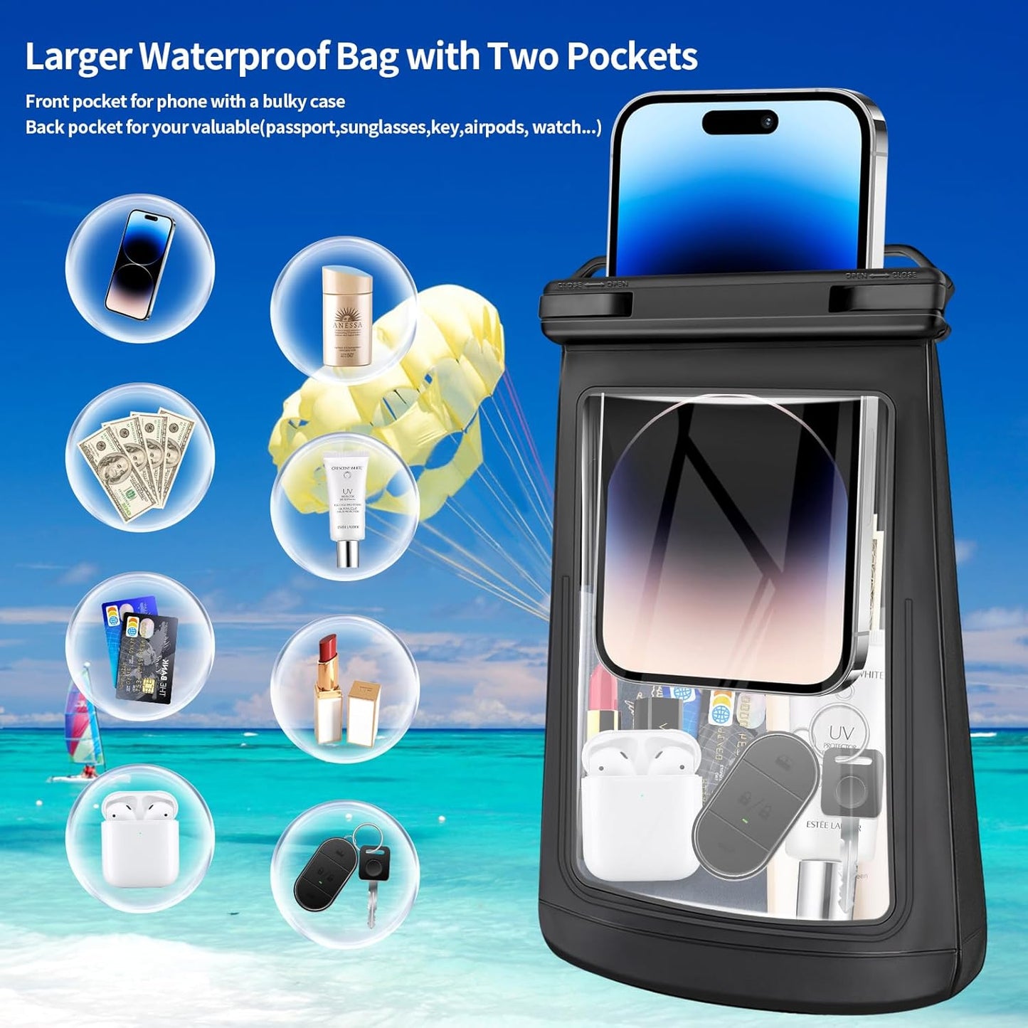 Large Floating Waterproof Phone Pouch, Cell Phone Dry Bag for iPhone 14/13/12/11 Pro Max, Galaxy S22/S21 All Phones, Universal Float Water Proof Bag for Beach Water Park【Oversize】