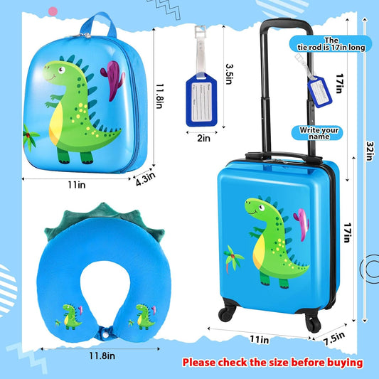 Sanwuta 4 Pcs Kids Luggage Set Kids Backpack Travel Rolling Suitcase with Wheels U-shape Pillow Childrens Gift for Girls Boys(17 Inch,Dinosaur Style,Blue)
