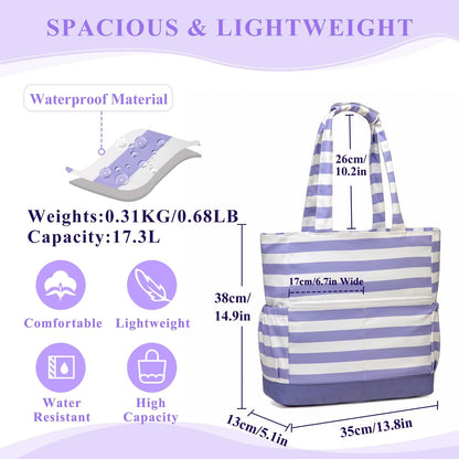 VASCHY Beach Bag for Women, Large Waterproof Sandproof Fold-able Packable Pool Tote Bag w Zipper/Pockets