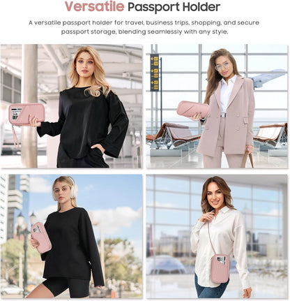 Travel Passport Wallets, Airtag Lightweight Family Passport Holder With RFID Blocking Passport Cover Case Waterproof Bag Document Organizer for Men and Women-pink