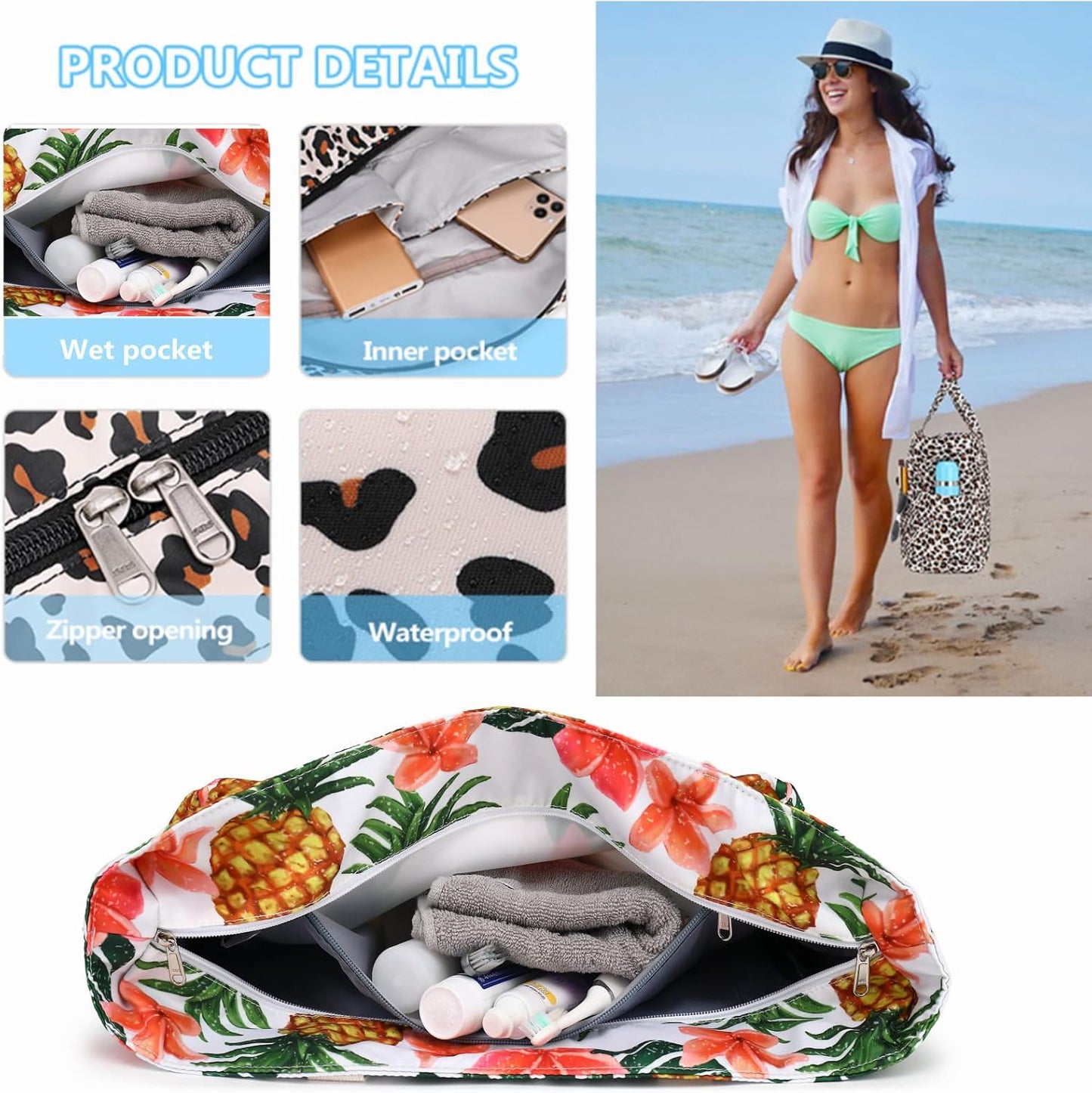 Beach Pool Bags Tote for Women Ladies Large Gym Tote Carry On Bag With Wet Compartment for Weekender Travel Waterproof