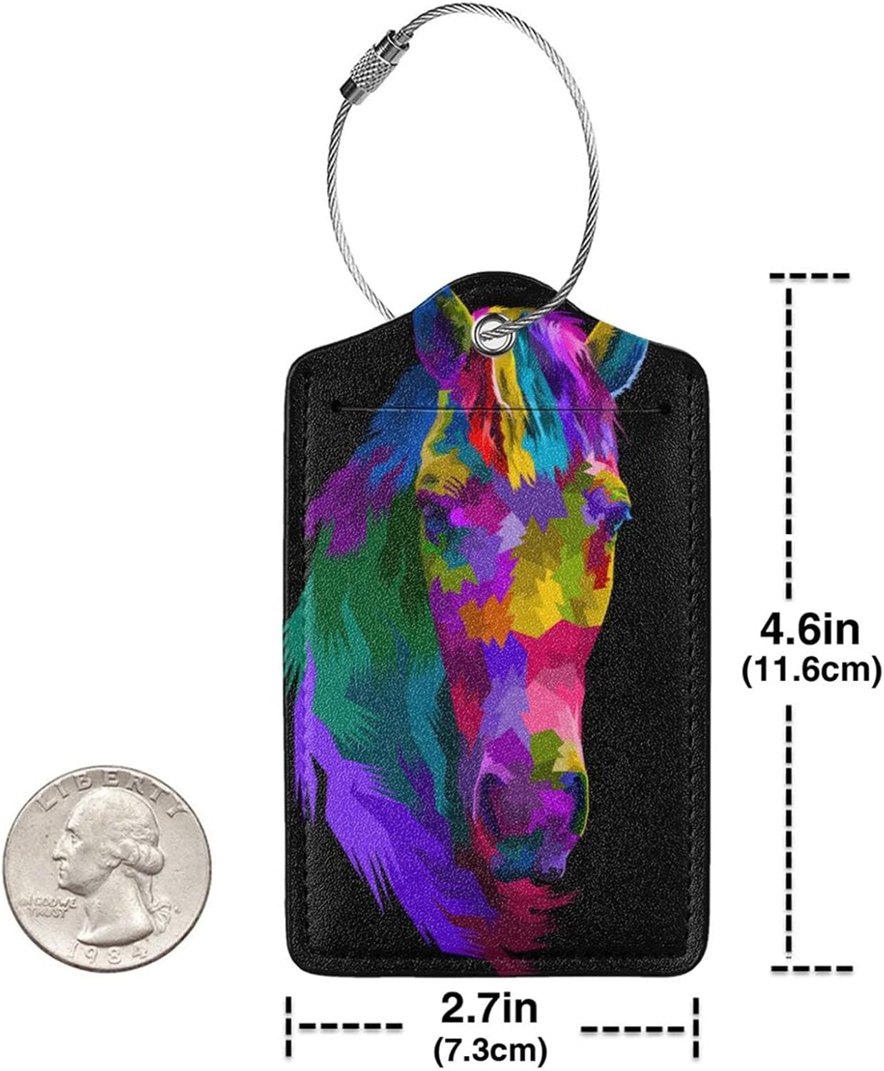 Colorful Rainbow Horse Luggage Tag with Full Back Privacy Name ID Card Suitcase Labels Identifiers PU Leather Baggage Tags Luggage for Women Men Kids Girls Travel