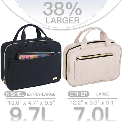 NISHEL Travel Toiletry Bag for women, Portable Hanging Organizer for Family-Sized Shampoo, Conditioner, Brushes Set, Makeup Accessories, Extra Large Size, Black