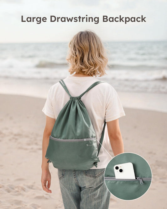 6 Set Compression Packing Cubes for Travel, Bonus Versatile Drawstring Backpack, Lightweight Luggage Organizer Bags, Sturdy Travel Accessories for Suitcase, Dark Green