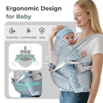 FRUITEAM 6-in-1 Baby Carrier with Waist Stool/Hip Seat for Breastfeeding, One Size Fits All - Adapt to Newborn, Infant & Toddler (Blue)