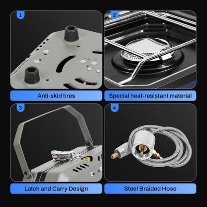 2-Burner Foldable Camping Stove with Griddle and Carrying Bag，16000 BTU Portable Propane Camp Stove with 2 Adjustable Burners & Piezo Ignition, for Camping, Home Backyard, Frying Turkey, Green