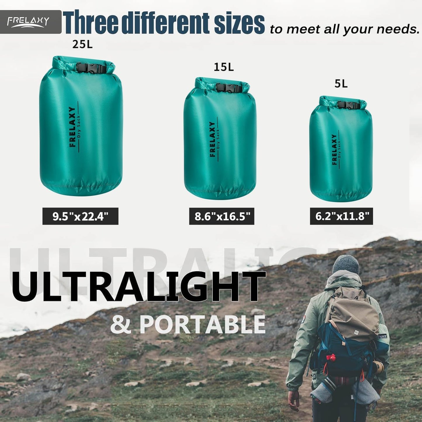 Frelaxy Waterproof Dry Bag 2 Pack/3 Pack, Lightweight Portable Dry Bags, 5L & 15L & 25L Durable Dry Sack Set Keep Gear Dry for Hiking, Camping, Boating, Backpacking, Kayaking (3 Pack - Turquoise)
