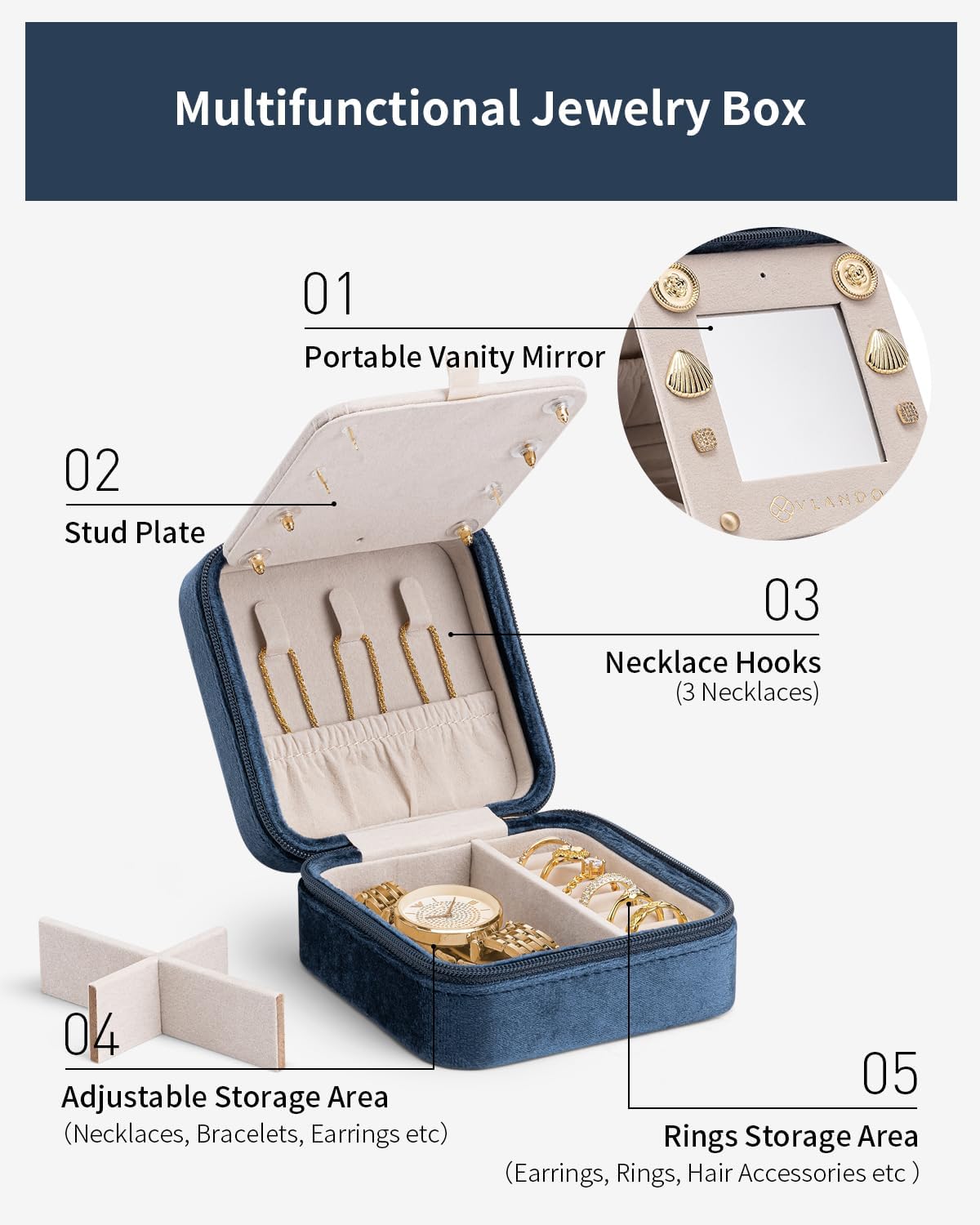 Vlando Girls Fashion Jewelry Box Mini Case - Dark Blue, Initial - Y