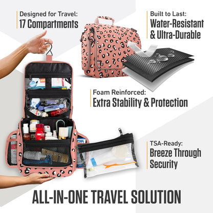 VENTURE 4TH Hanging Travel Toiletry Bag for Women & Men - Travel Organizer with Expandable Compartments & Removable Clear Pouch for Toiletries (Pink Cheetah)