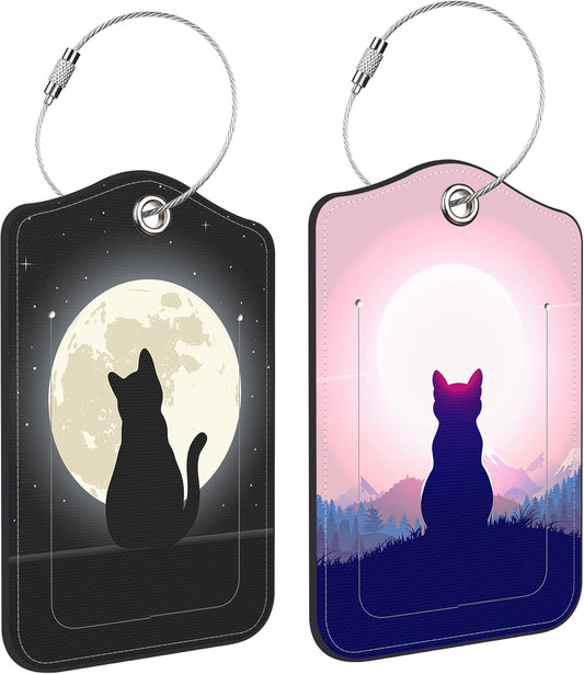 2 Pack Luggage Tag for Suitcase Black Cat The Night Sky Leather Suitcase Tags with Privacy Name ID Label and Stainless Steel Loop for Travel Bag