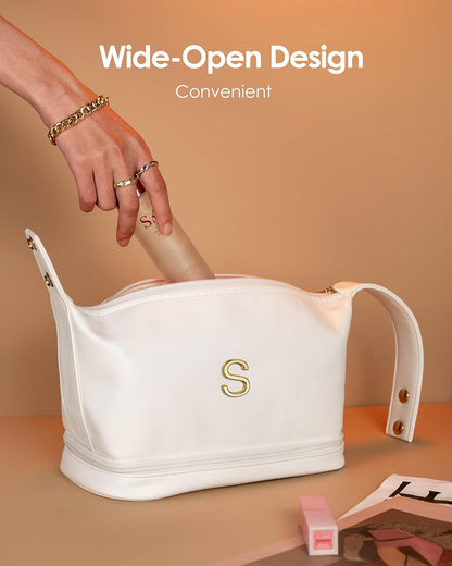 Letter Makeup Bags, Personalized Bags with Handle, Waterproof Double Layer Cosmetic Bag, Large Capacity PU Leather Makeup Bags Letter Travel Toiletry Bag with Makeup Brush Organizer