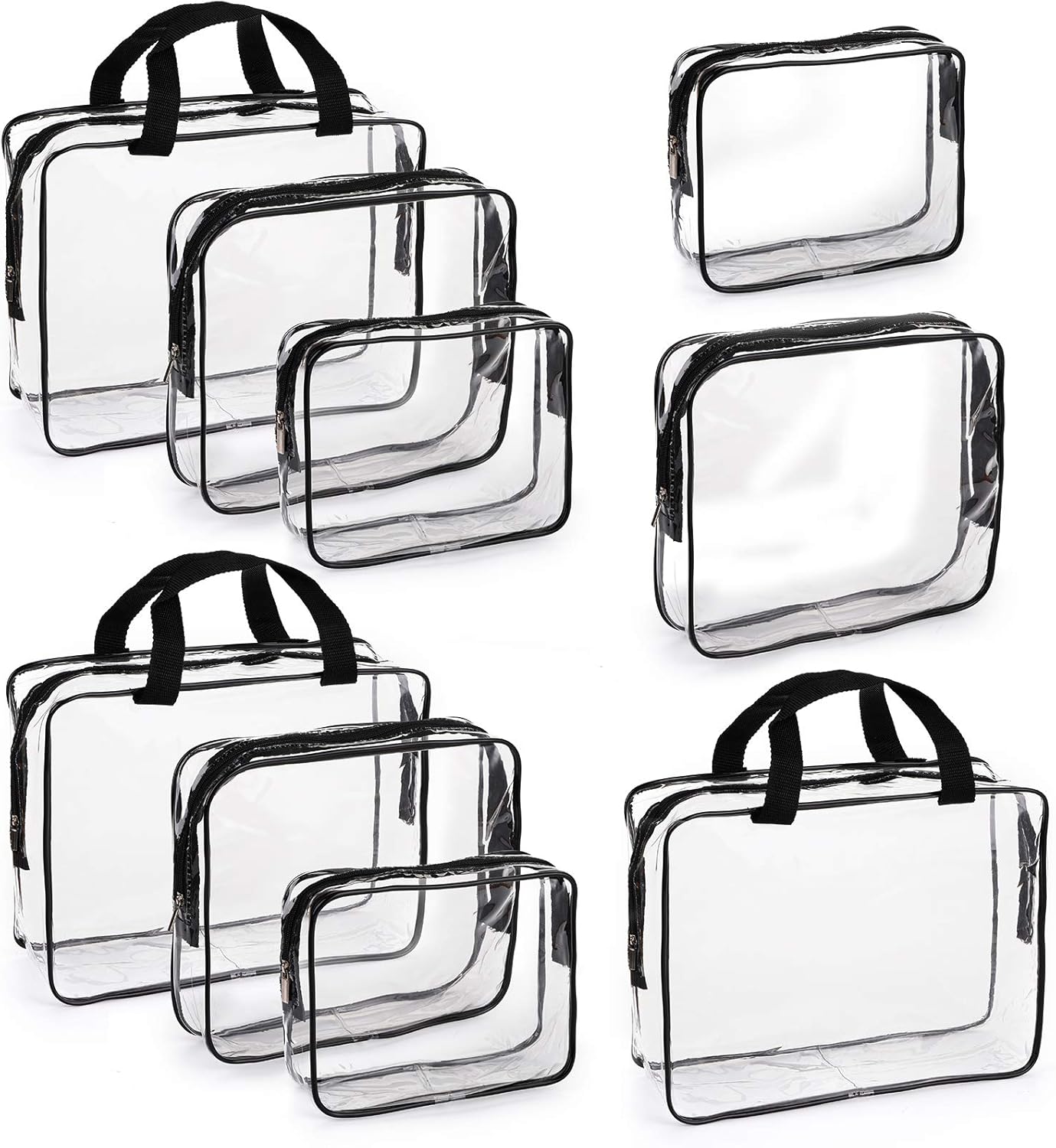 Hedume Set of 9 Clear Makeup Bags, TSA Approved Clear Toiletry Bag Set, Waterproof PVC with Zipper Handle Portable Travel Luggage Pouch