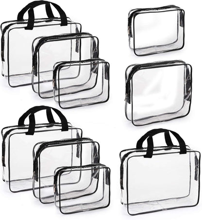 Hedume Set of 9 Clear Makeup Bags, TSA Approved Clear Toiletry Bag Set, Waterproof PVC with Zipper Handle Portable Travel Luggage Pouch
