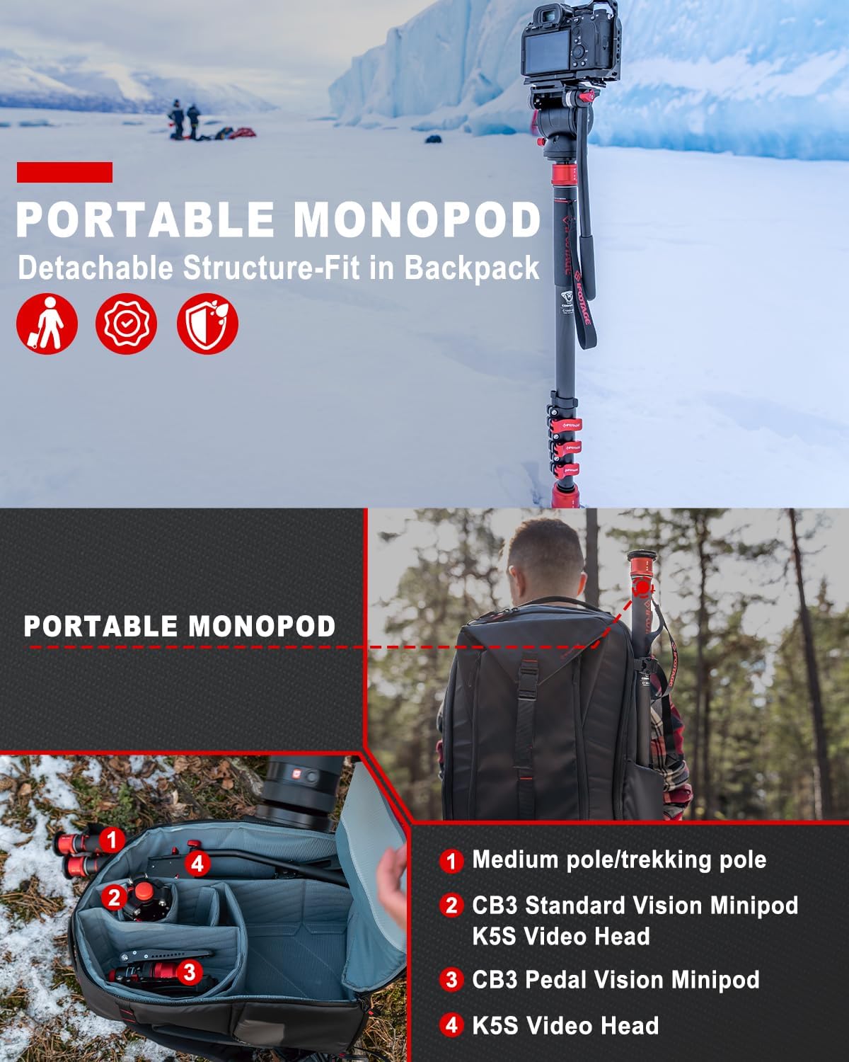 IFOOTAGE Monopod for Camera 71" Cobra 3 A180F,Quick Adjust Monopod with Feet, Walking Stick,CB3 Base Tripod,for Camera Photography,Travel,Payload up to 17.64 lbs/8 KG