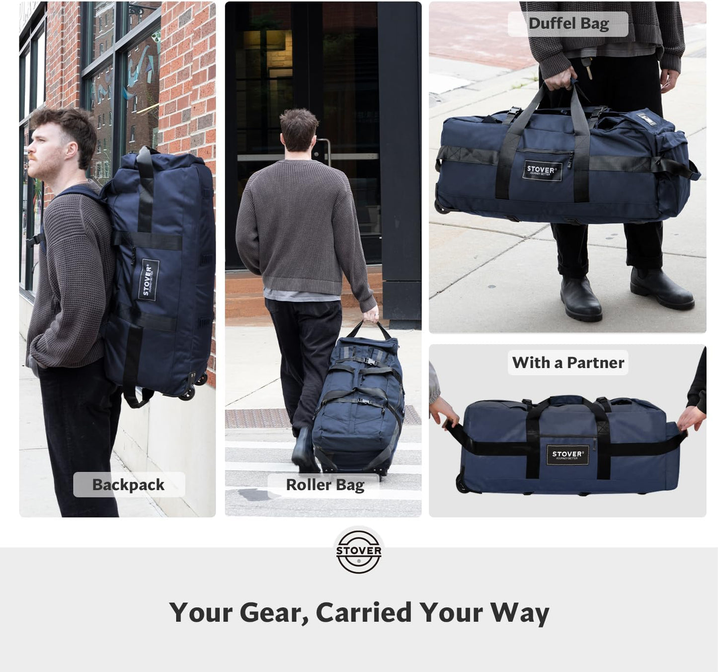 STOVER 80L Rolling Duffel Bag with Wheels, Large 31 Inch Durable Travel Duffle + Toiletry Bag, Heavy Duty, Packable, Foldable w/Shoulder Straps- Use as Luggage or Backpack, Men/Women (Blue)