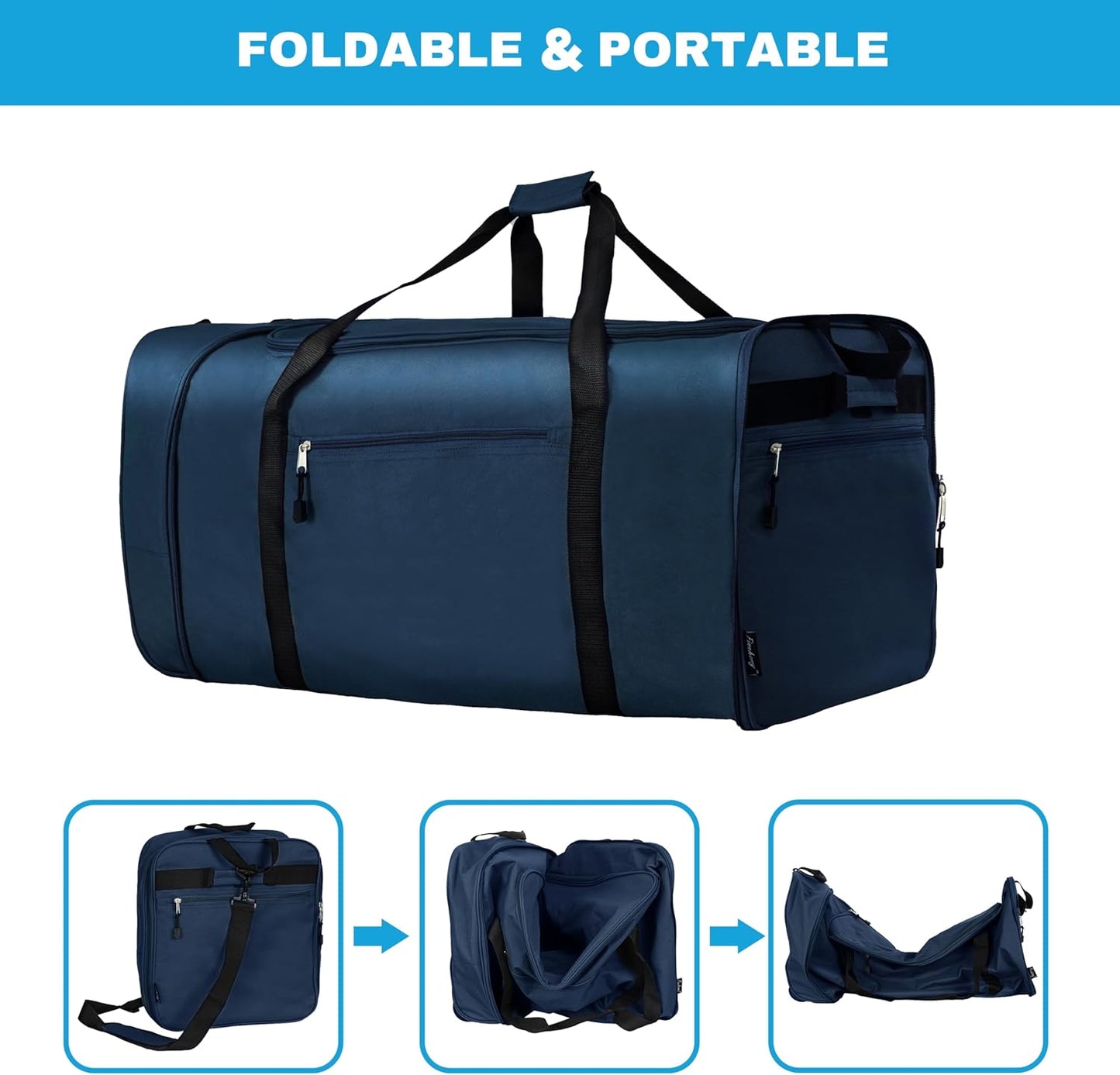 Finnhomy 100L Foldable Rolling Duffel Bag with 2 Wheels, Light Weight Travel Duffel bag with Large Loading Capacity, 32 inch Rolling Duffel bag with Shoulder Strap for Travel Camping Sports, Dark Blue