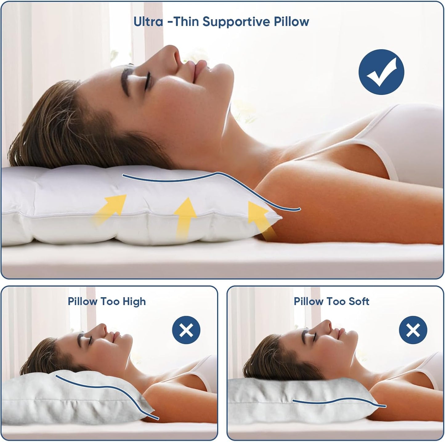 MINUPWELL Ultra Flat Pillows for Sleeping Thin, 7D High Support 2.5 inch Height Ultra Thin Pillows,Slim Bed Pillows for Stomach Sleeper,King Size -18x36 in