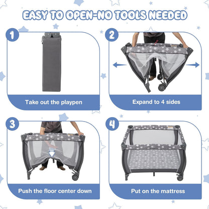 HONEY JOY Pack and Play, 3 in 1 Portable Baby Playard with Bassinet, Changing Table, Lockable Wheels, Music Box, Foldable Travel Baby Crib Nursery Center from Newborn to Toddler (Star Gray)