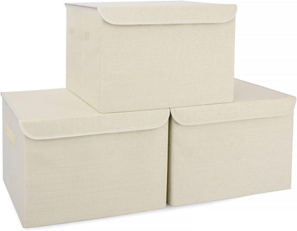 Large 42 Quarts Collapsible Stackable Storage Bins Cube with Lids [3-Pack] Foldable Fabric Linen Storage Boxes, Closet Organizer Baskets with Label for Home (16.7 x 12 x 12, Beige)