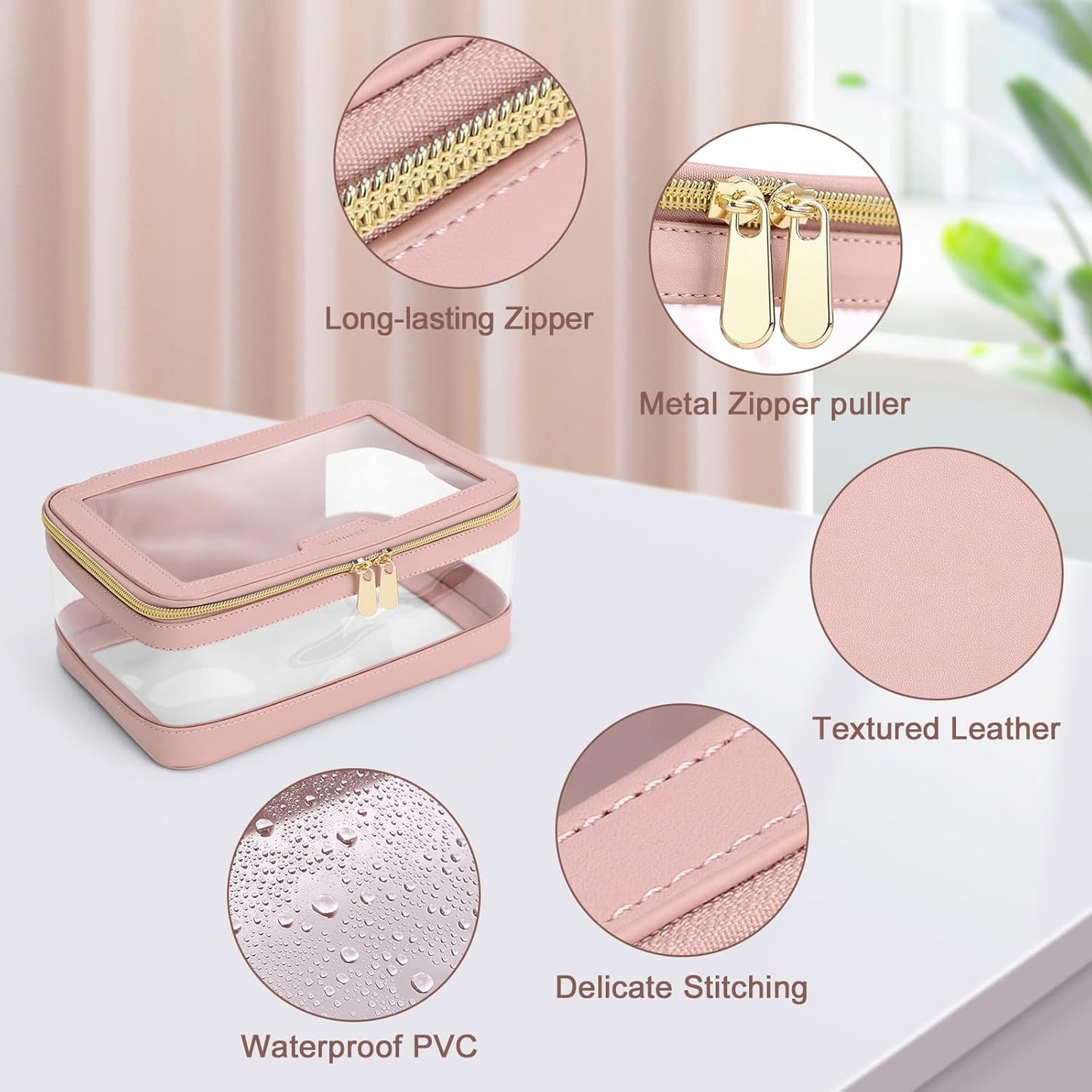 Travel Clear Makeup Bag with Makeup Brush Bag, Leather Makeup Case Toiletry Bag, Portable Cosmetic Bag Case, Transparent Waterproof Cosmetic Organizer Storage Bag for Women, Pink