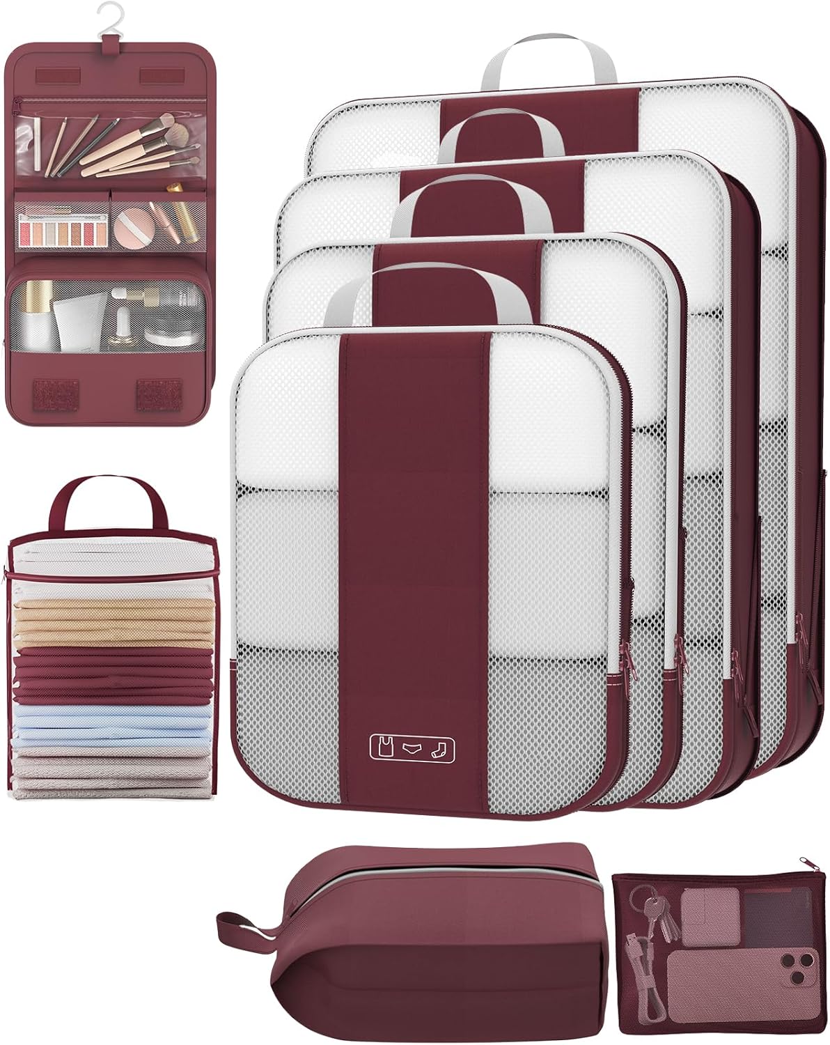 8 Set Compression Packing Cubes for Travel Essentials,Compressible Expandable Packing Cubes for Suitcase,OlarHike Luggage Organizer Bags for Travel,Handy Helper for Organizing Clothes(Wine Red)